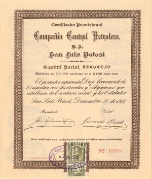 Compania Central Petrolera, S.A. San Luis Potosi - Stock Certificate (Uncanceled)